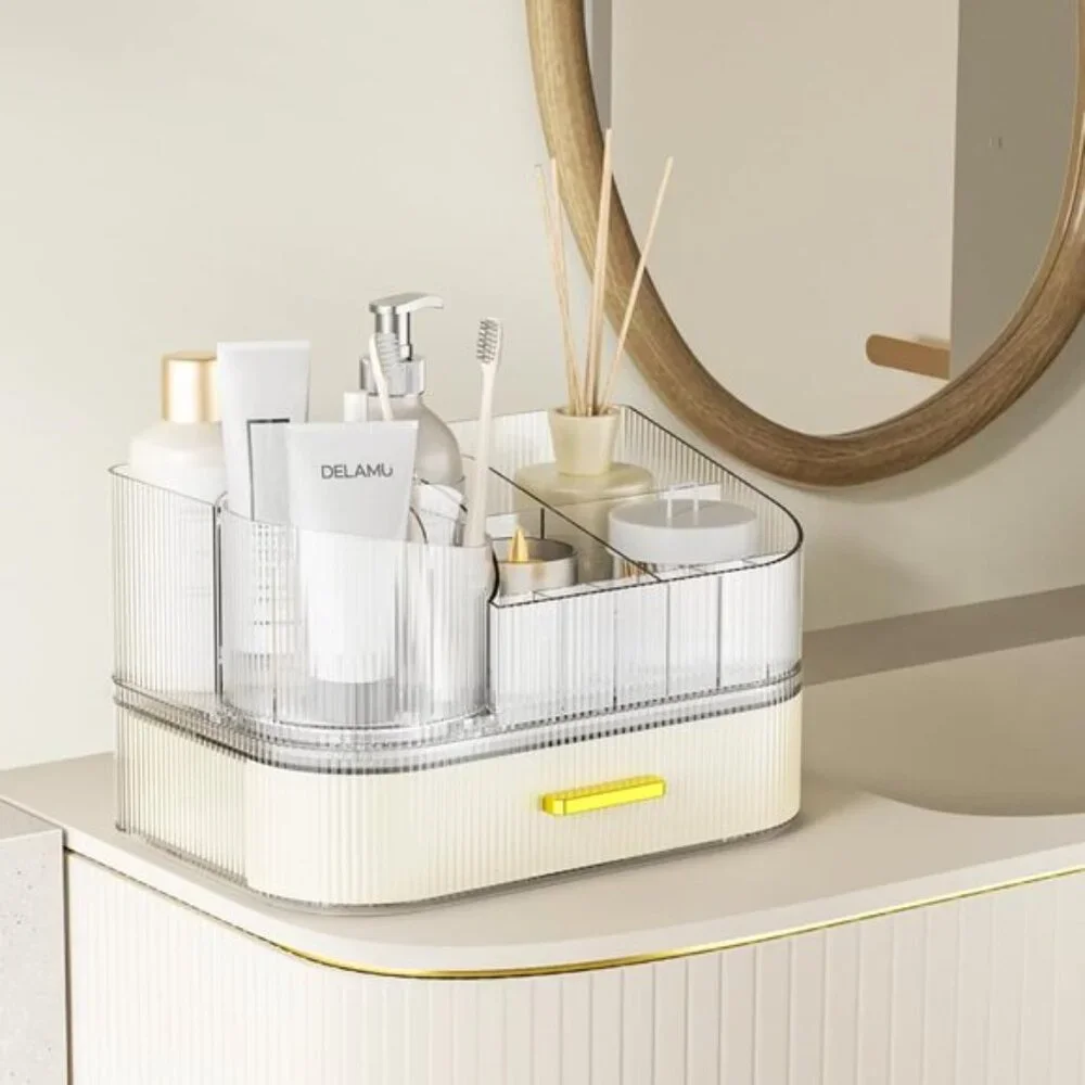 Makeup Organizer with Stackable Drawers, 360° Rotating Vanity Storage - White